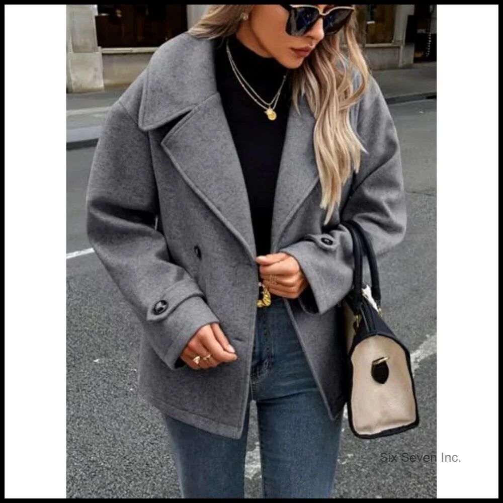 Wool Blend Pea Coat Cropped Blazer Jacket Loose Fit Double Breasted - Picture 6 of 6